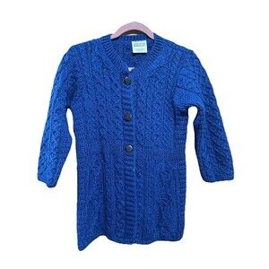Kilronan Knitwear Sweater Cardigan‎ Wool Ireland Cable Knit Royal Blue Womens XS